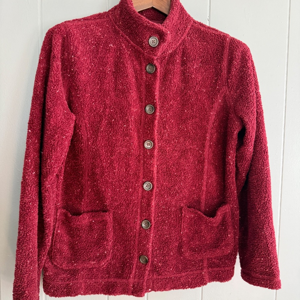 Women M Red Cardigan Marled Sherpa Teddy Fleece Granola Jacket Cozy Button Front
